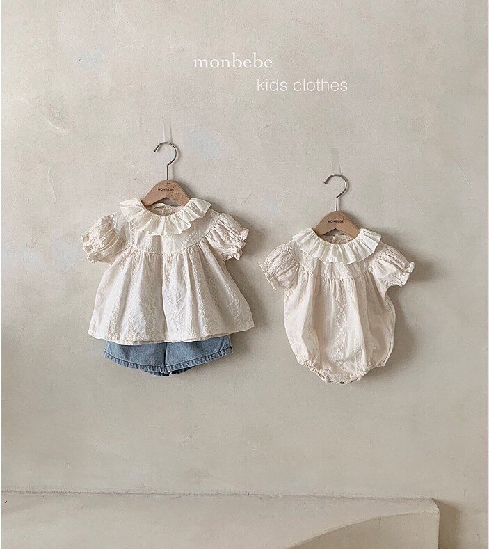 Chemise à manches bouffantes en coton pour -né fille, hauts d'été à la avec col en feuille de Lotus,