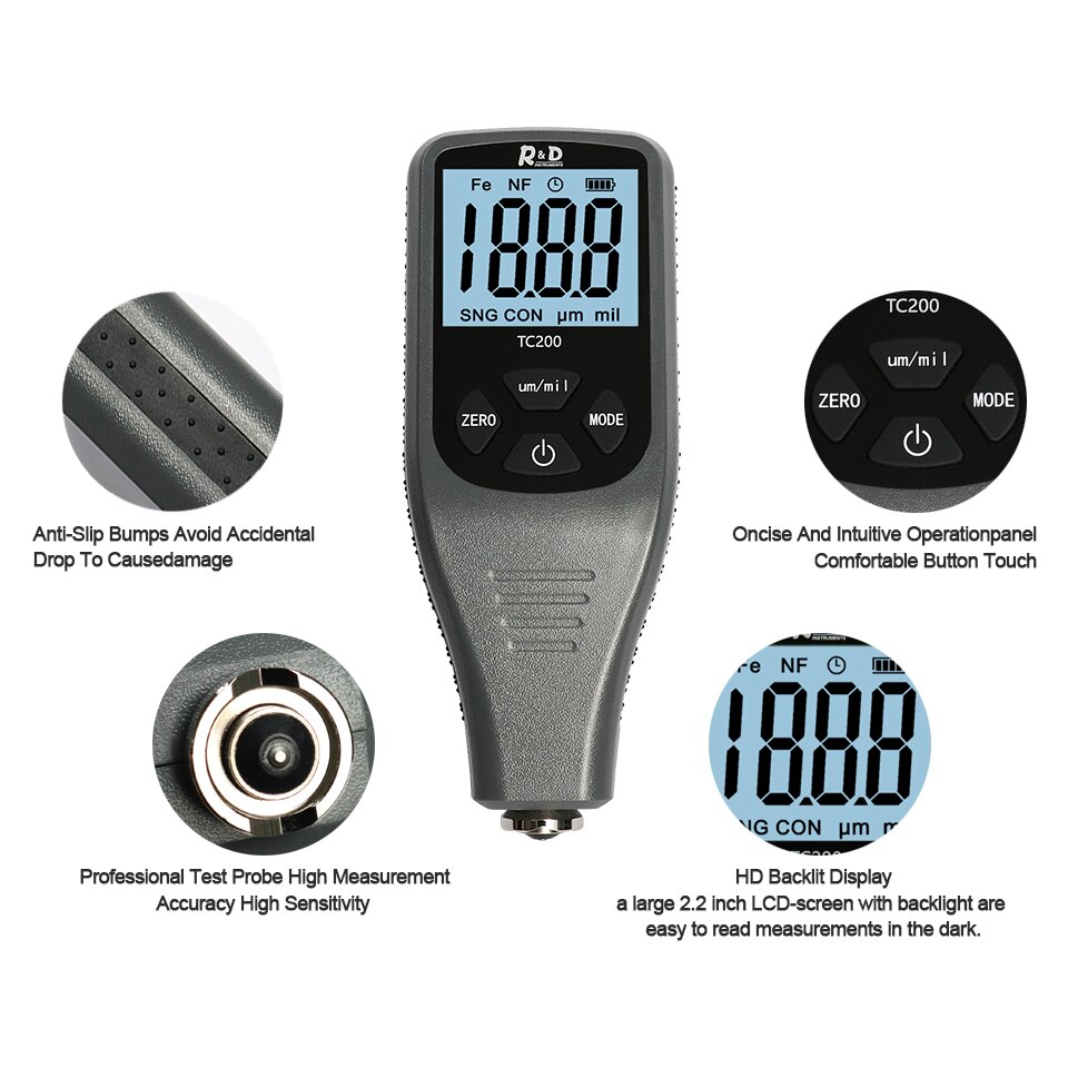 R &amp; D TC200 Jauge D'épaisseur De Revêtement 0.1um/0-1500 Voiture Peinture Testeur D'épaisseur De Film Mesure FE/NFE Russe Manuel Outil De Peinture Gris