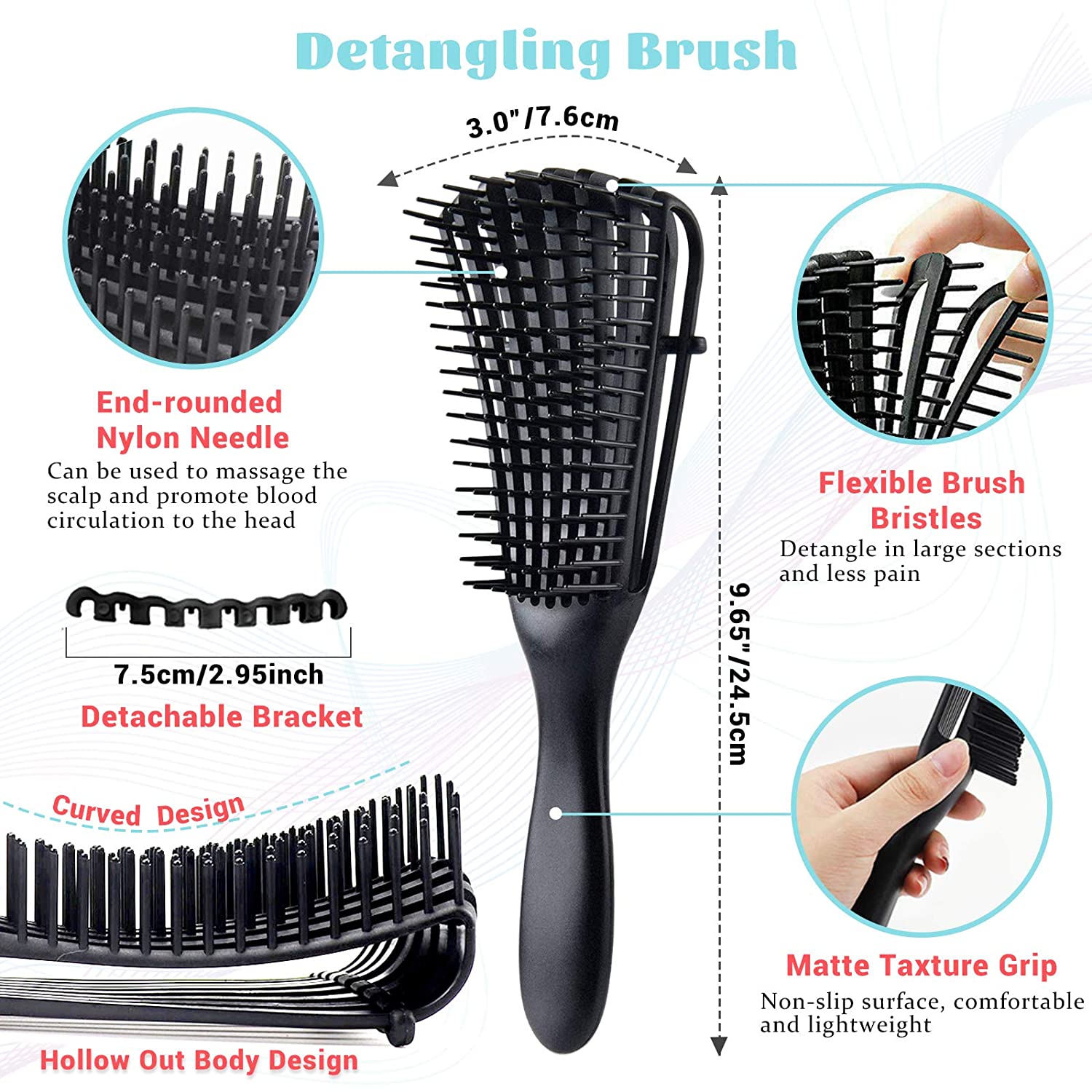 Detangling Hair Brush Detangler Hair Comb 9-Rows Cushion Nylon Bristle Edge Brush Rat Tail Comb for 3a to 4c Curly Wet Hair