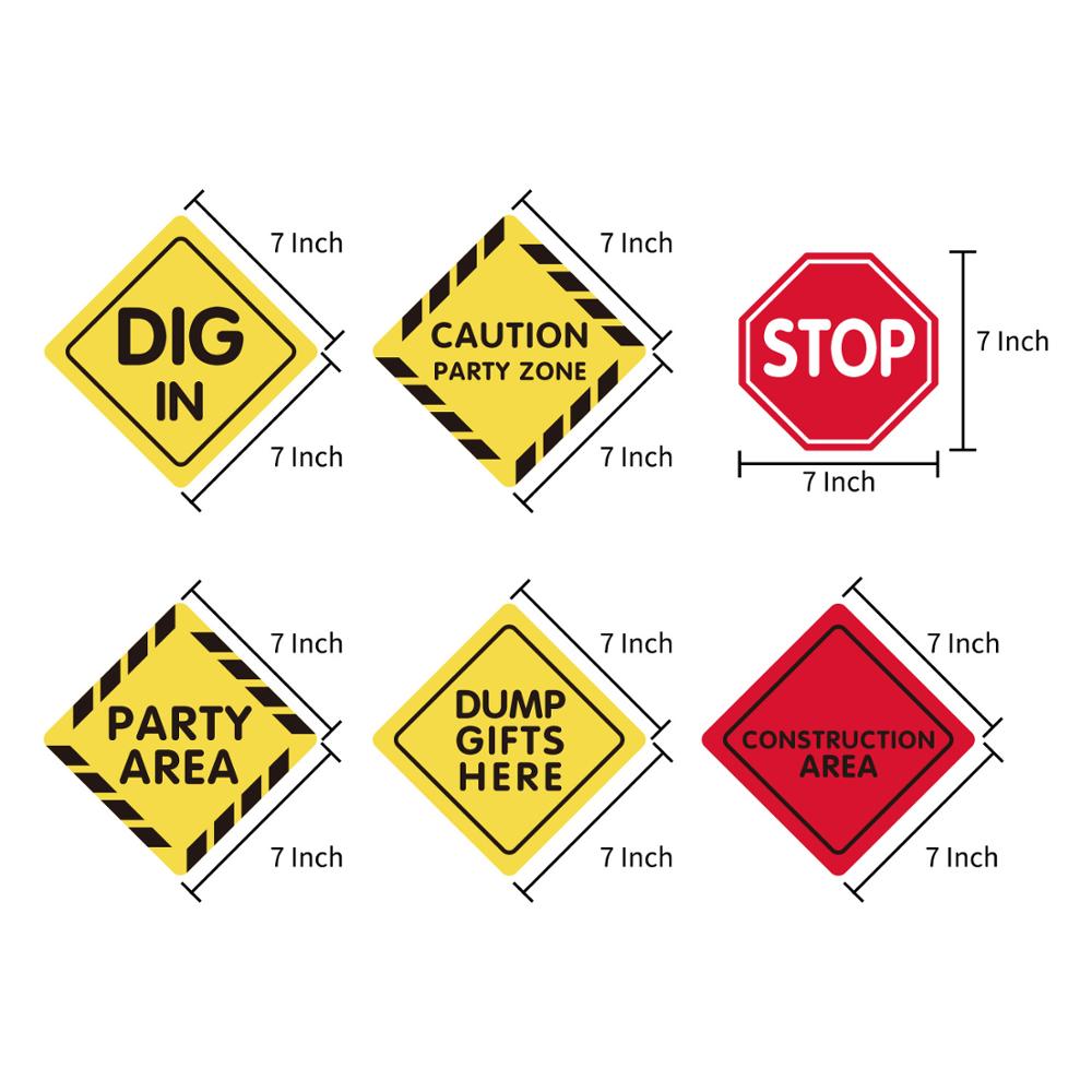 6pcs Construction party backdrop Excavator Construction warning sign sticker Vehicle Truck Signs Kids Boys Birthday party suppli