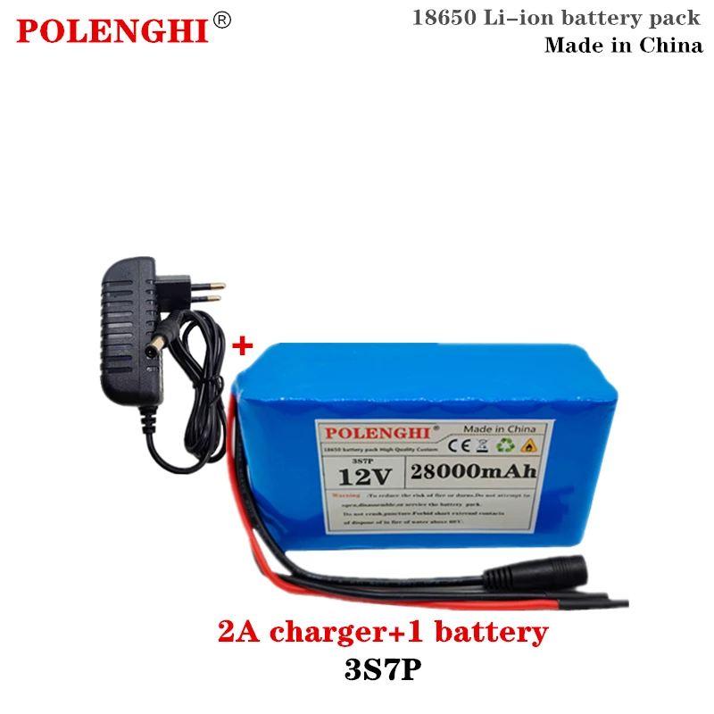 100 % echter 12 V 28000 mAh 3S7P 18650 wiederaufladbarer Lithium-Akku mit großer Kapazität und integriertem intelligentem BMS 12,6 V 2 A Ladegerät: Blau