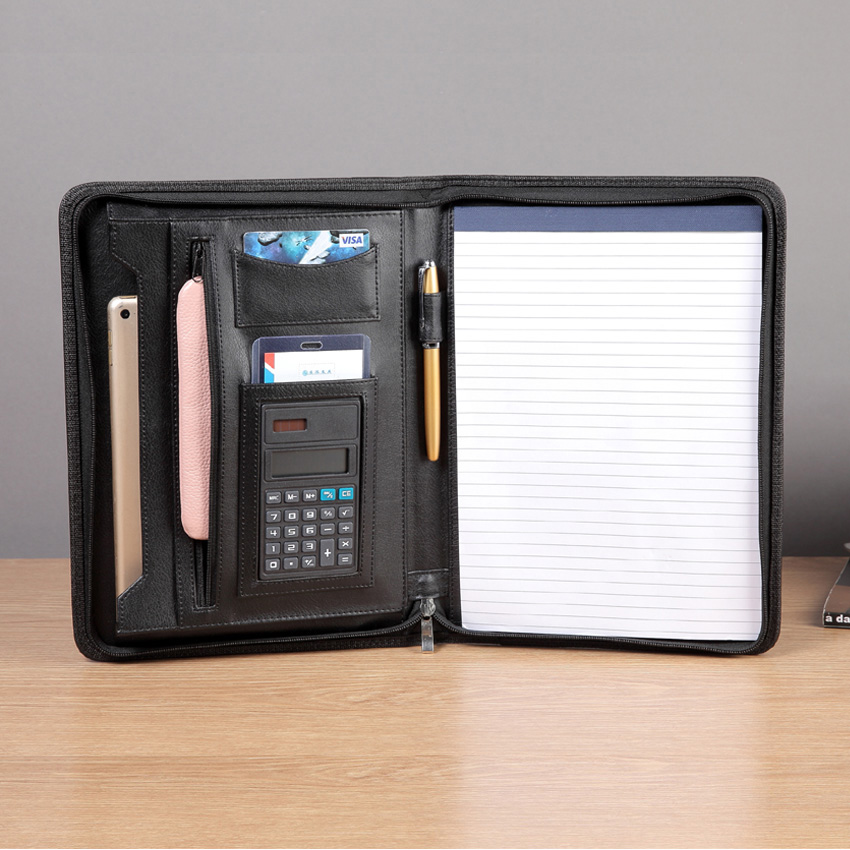 Business Zippered A4 Padfolio PU Leather Modern Portfolio with Calculator Pockets For Office Supply