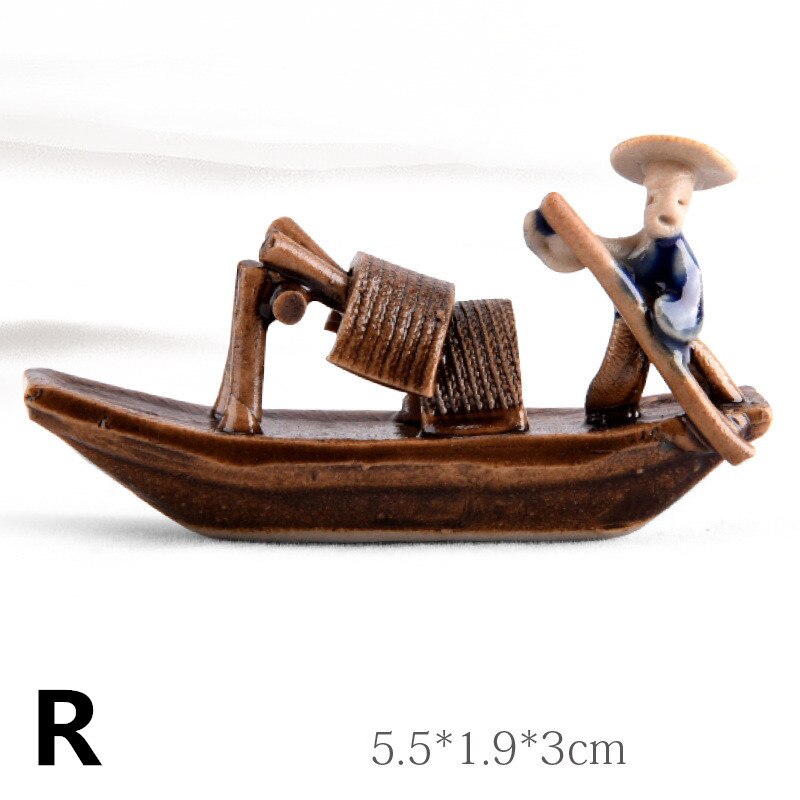 Small Ceramic Fishing Boat Fishman Figurine Craft Landscape Aquarium Fish Tank Garden Pot Plant Fairy Chinoiserie Decor Ornament: R