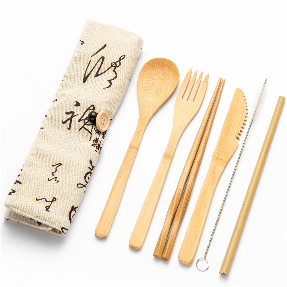 Eco-vriendelijke Reizen Herbruikbare Draagbare Bamboe Bestek Set Lepel Vork Eetstokje Sets 6 stks/set Straw Keuken Voedsel Servies Set: 7pcs set009
