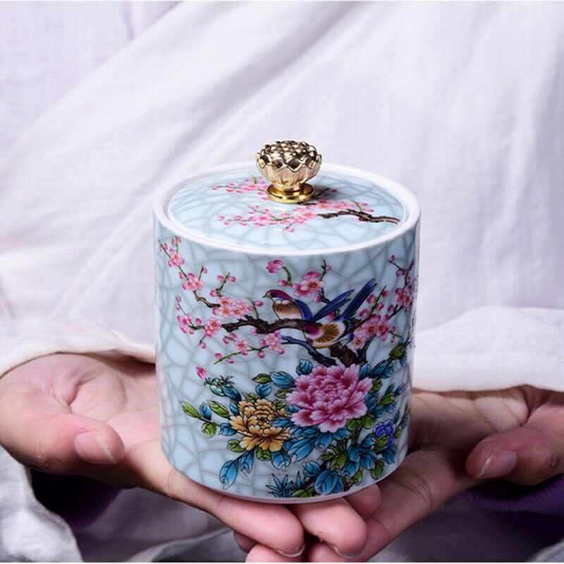 Ceramic Floral Pattern Tea Caddy Tea Box Enamel Sealed Storage Jar Tea Can Puer Container Teaware Home Decor