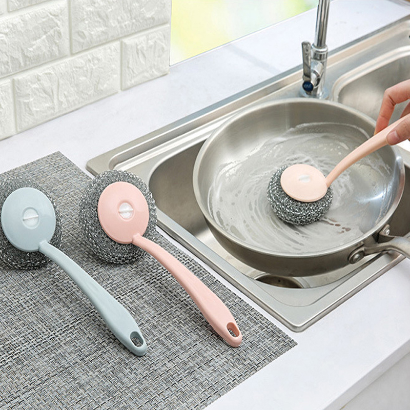 Stainless Steel Wire Ball Brushes Long Handle Wash Pot Bowl Tableware Brush Household Kitchen Brush Scrubber Cleaning Ball Tool