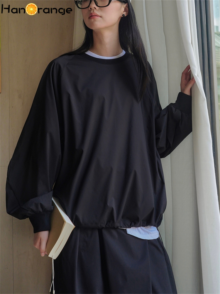 Hanorange forårs afslappet sports-sweatshirt med o-hals dame løs pasform komfortabel langærmet top sort/beige: S / Sort