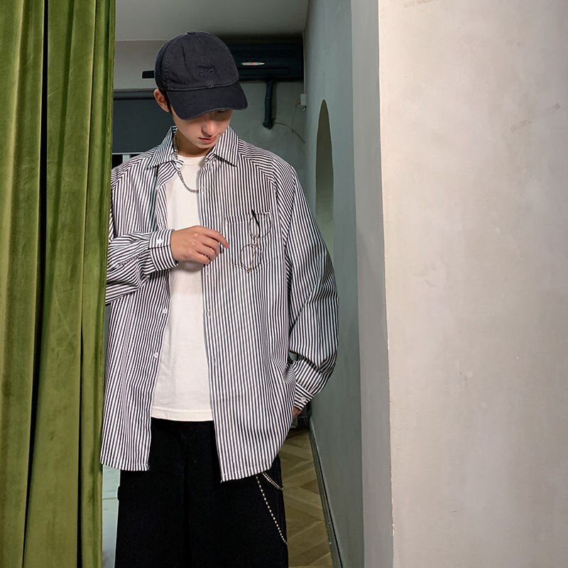 Men Shirts Striped Vintage All-match Korean Harajku Mens Simple Oversize Streetwear Leisure Male Outwear Ulzzang Loose BF