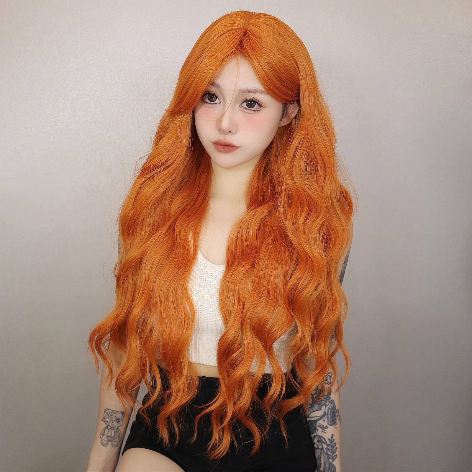 Perruque Synthétique Longue Ondulée Orange pour Femme, Cheveux Naturels Ondulés avec Longue Frange, Perruques de ixCosplay, Degré de Chaleur