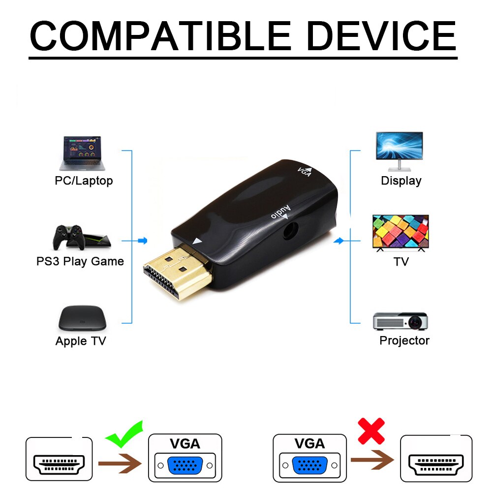 HDMI-compatible Male to VGA 15 Pin Female Adapter 3.5mm Jack Audio Cable Converter 1080P For PC Laptop TV Box Display Projector