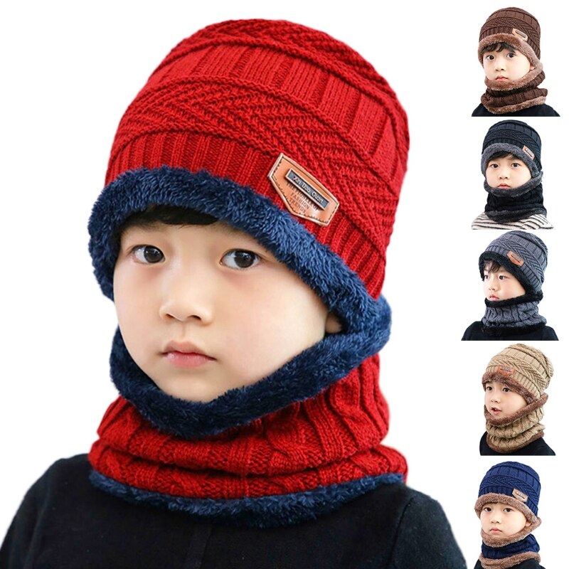 Gorro de invierno para niños, 2 uds., conjunto de bufanda circular, etiqueta de cuero sintético, Crochet, tejido de felpa, forrado, gorro de Calavera, calentador de cuello