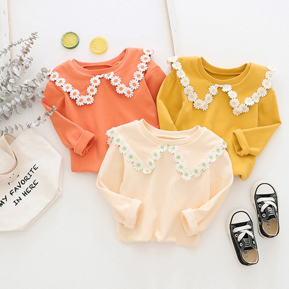 Lente Zoete Herfst Meisjes Prinses T-shirt Tops Daisy Revers Kraag Mode Baby Kids Kinderen Baby Basic T-shirts Tees