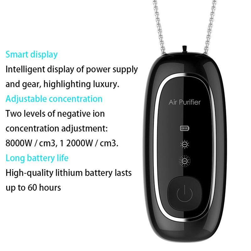 Personal Wearable Air Purifier Necklace Mini Portable Air Freshener Ionizer Negative Ion Generator Black