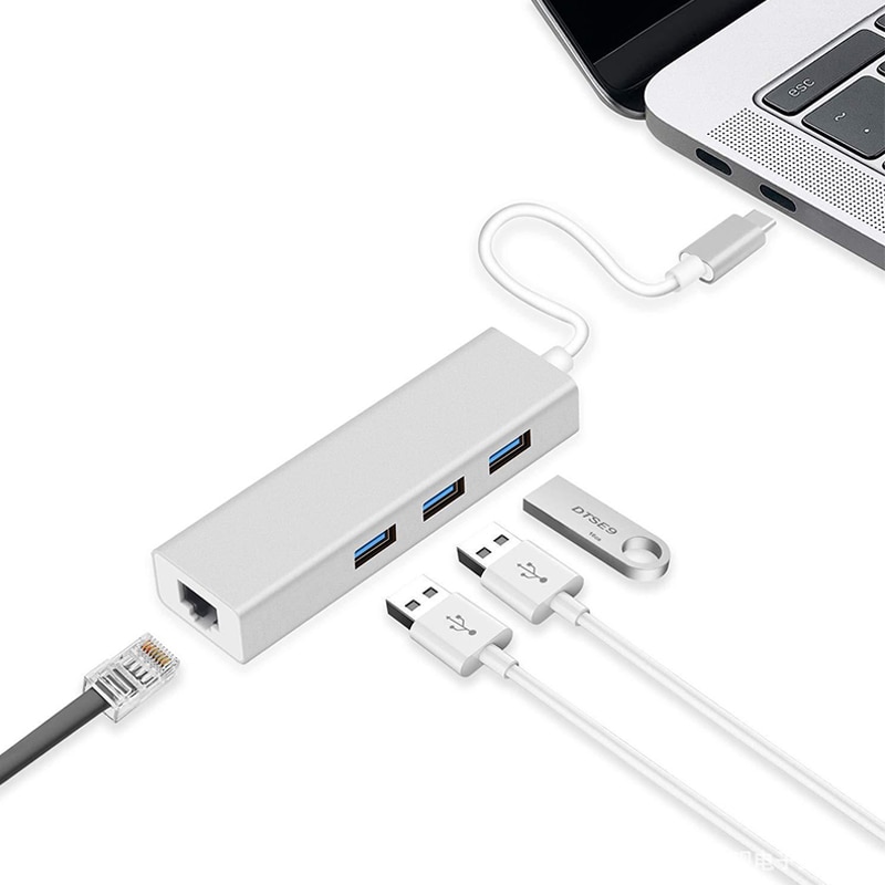 USB Type C hub om Rj45 1000M Gigabite Ethernet 3 USB 3.0 tot 5 Gbps Speed Aluminium shell USBC Dock Adapter voor Macbook