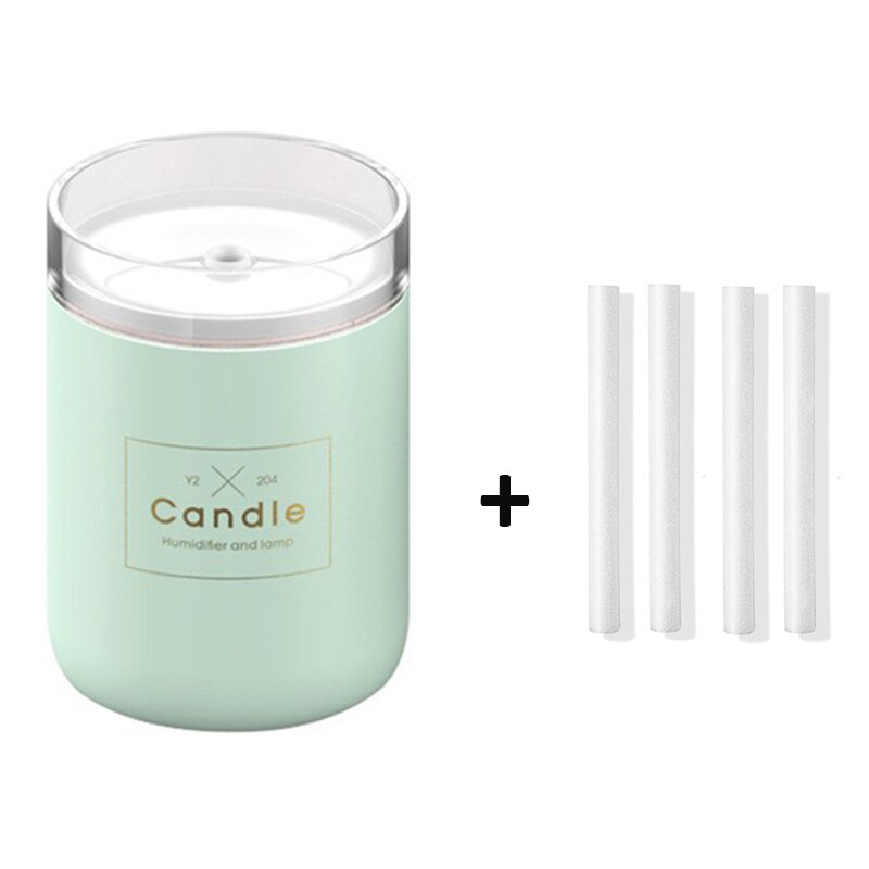 280ML Air Humidifier LED Candle Ultrasonic Cool Mist Essential Oil Diffuser USB Aroma Lamp Car Purifier Fogger Mist Maker: Green-4 filter