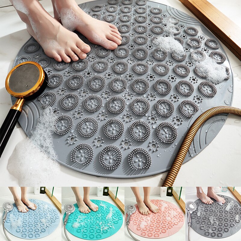 Solid Anti-slip Bath Mat PVC Soft Round Bathroom Shower Rug Bathing Massage Feet Brush Pad Odorless Non-Toxic Bathtub Carpet