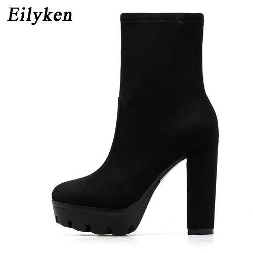 Eilyken leopard stövlar för kvinnor tjocka klackar höst vinter flock platåskor höga klackar dragkedja dam boots: Svart / 8