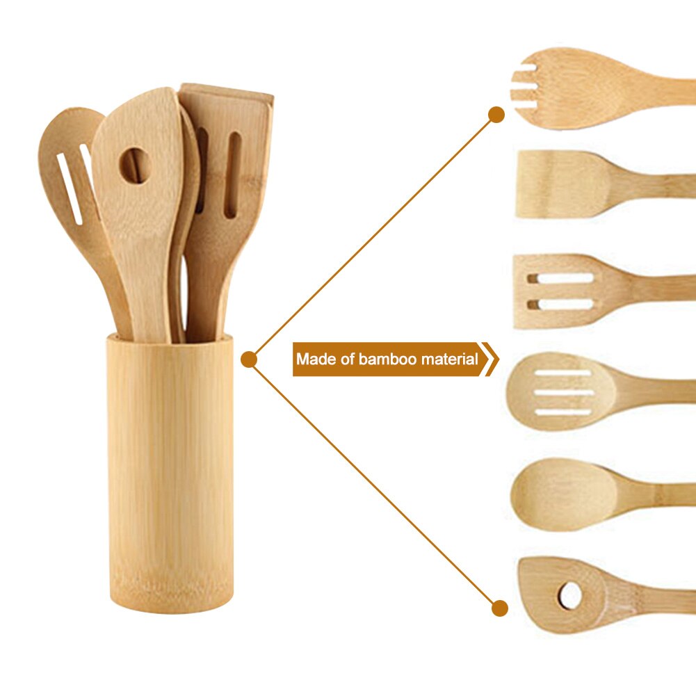 Kitchen Utensil Set Home Multifunctional Easy Clean With Holder Spoons Baking Stirring For Cookware Spatula Frying Bamboo Mixing