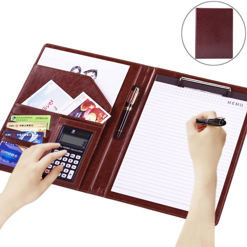 Office Supplies Business Style Leather Document Folder with 30-pages A4 Note Pad &amp; Calculator: Chocolate