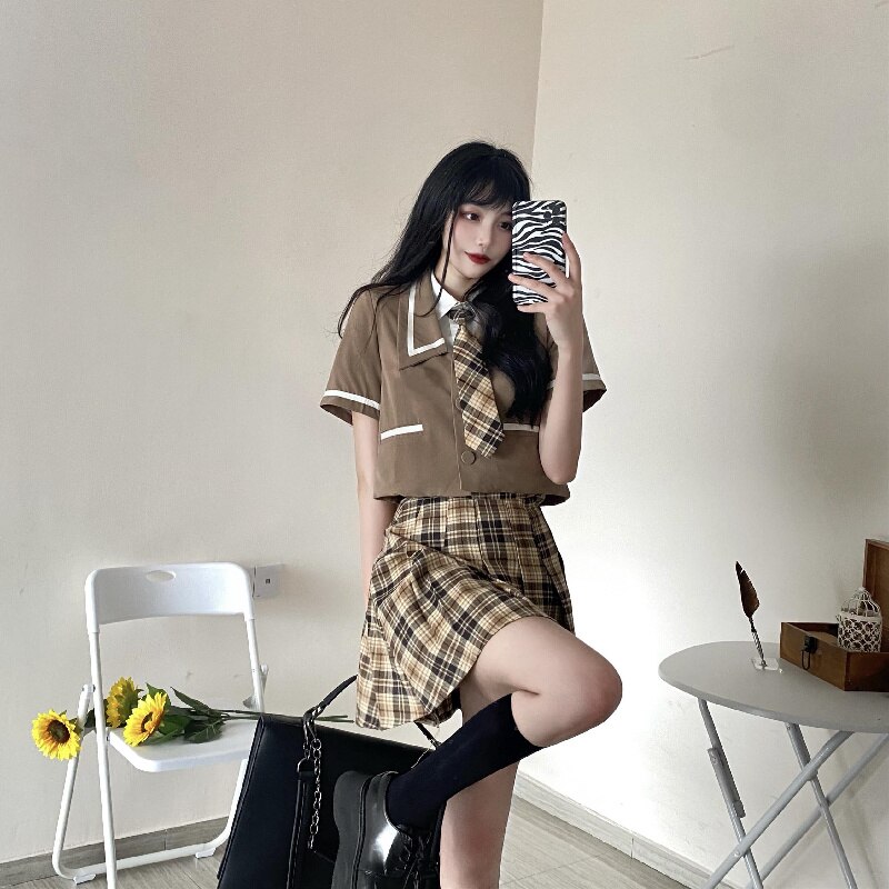 Uniforme scolaire japonais Harajuku Jk d&#39;été, jupe plissée à manches courtes pour femmes, Streetwear à carreaux Mini jupes 2022