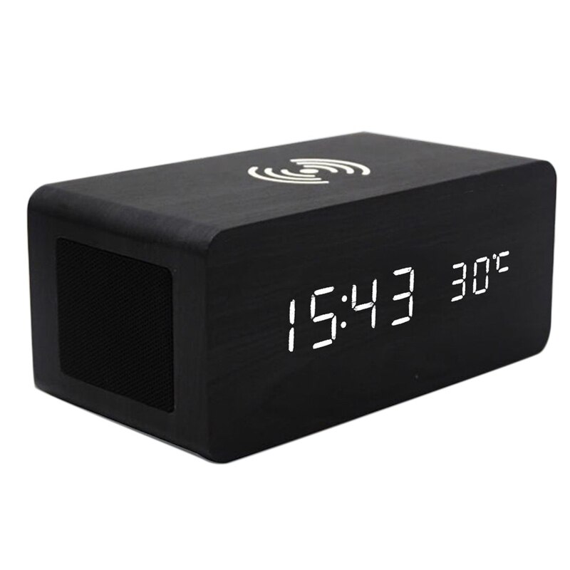 Wood Alarm Clock Bluetooth Speaker Desk USB Digital Clocks LED Wireless Charging Phone Temperature Wooden Table: Black   white