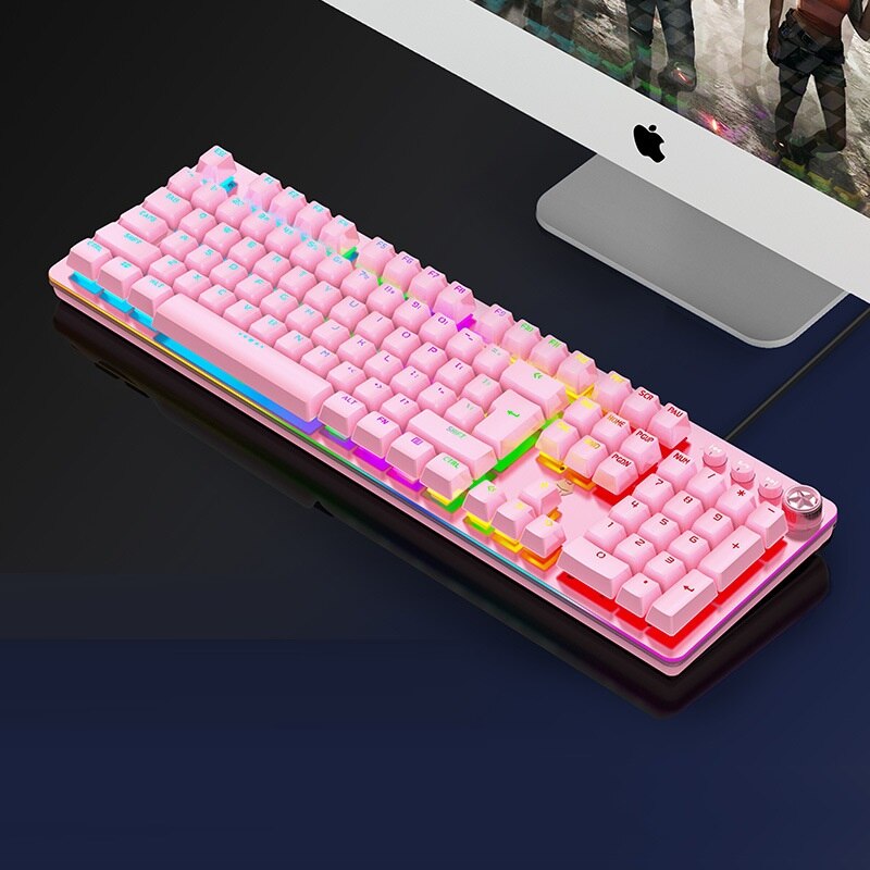 Rgb mekanisk tastatur mus set sett rosa tastatur med rgb bakgrunnsbelyst 104 taster layout grønn bryter akse 3200 dpi rgb bakgrunnsbelyst mus pc: Tastatur