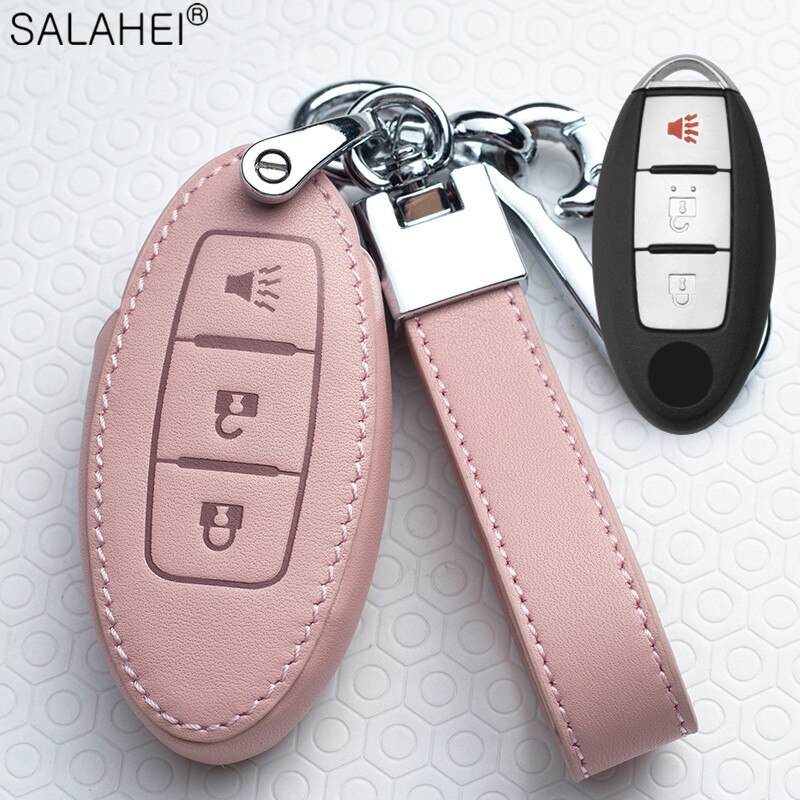 Leather Car Key Cover Case For Nissan Qashqai J10J11 X-Trail t31t32 kicks Tiida Pathfinder Murano Note Juke Infiniti For Car: C-pink