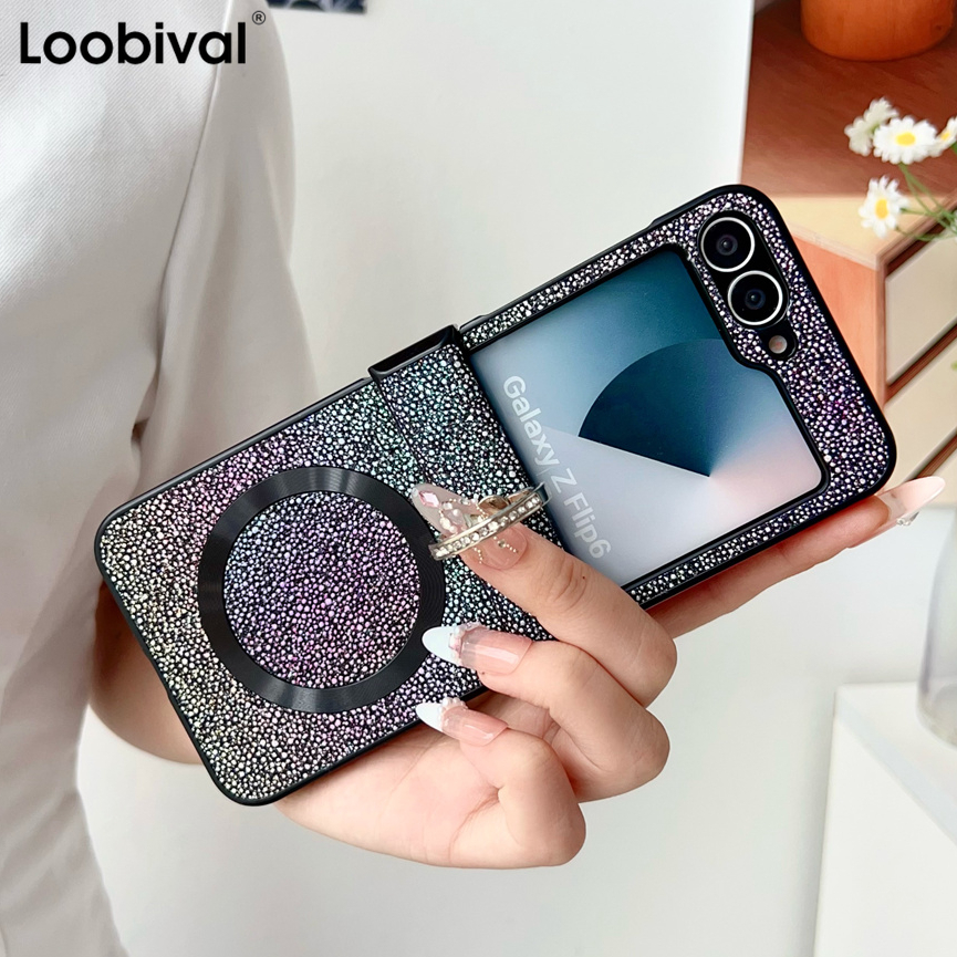 Glitter Magnetische Ring Houder Case voor Samsung Galaxy Z Flip6 Zflip5 ZFlip 3 4 5 6 Magsafe Draadloze Lading Scharnier Schokbestendige Cover