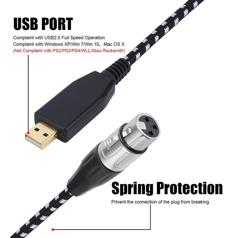 Câble USB pour Microphone, adaptateur XLR vers USB, câble XLR femelle vers ordinateur PC, adaptateur d&#39;interface USB, 10 pieds