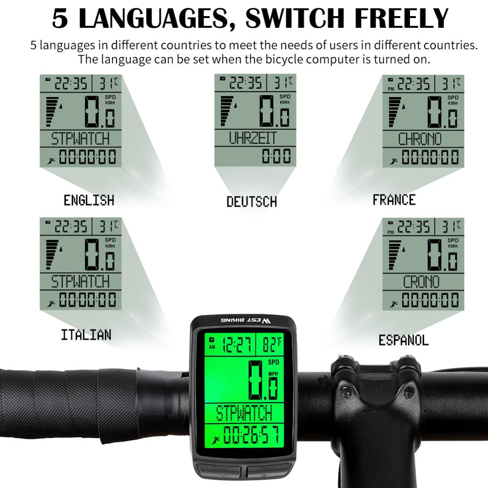 WEST BIKING 5 Language LED Bicycle Computer Wireless IPX7 Waterproof Cycling Bike Odometer Stopwatch Speedometer Bike Computer