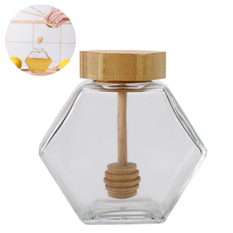 220ML/380ML Hexagonal Glass Honey Bottle with Wooden Stirring Rod Packaging Bottle Small Honey Bottle Container Honey Jar