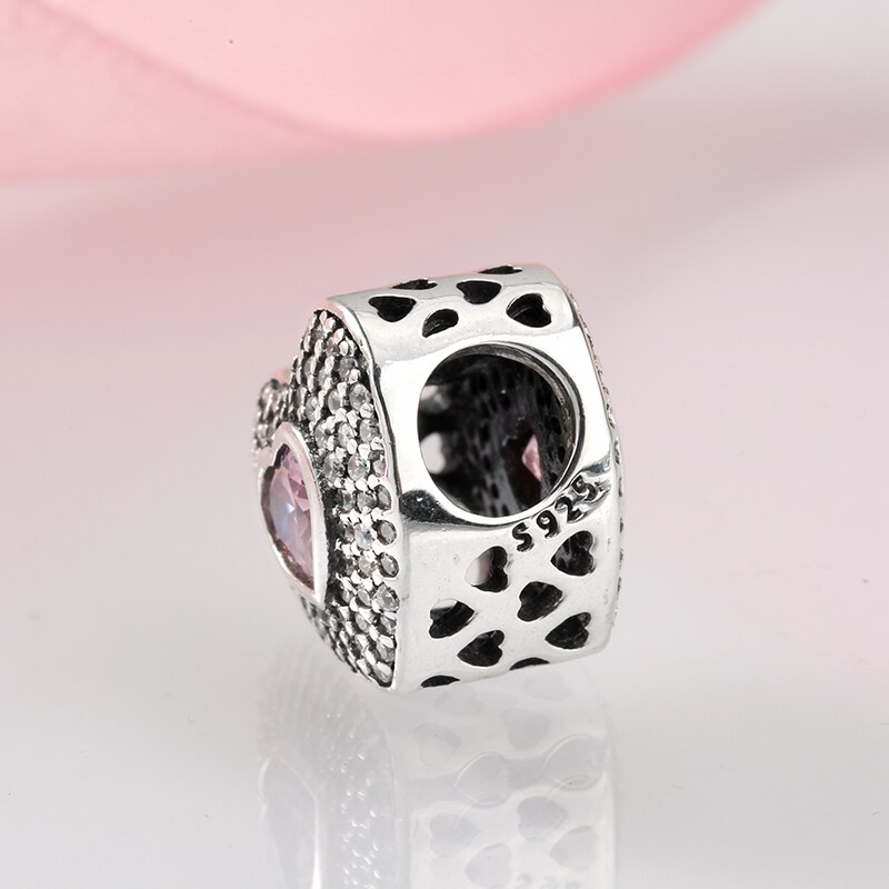 925 Sterling Silver pink Layers heart CZ beads Fit Original JIUHAO Charm Bracelet Jewelry making Valentine's Day