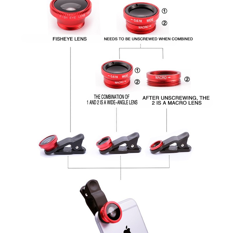 Kit de lentes de câmera de telefone 3 em 1, lentes olho de peixe para celular, zoom 0,67x, grande angular, macro hd, lente de câmera universal para todos os smartphones
