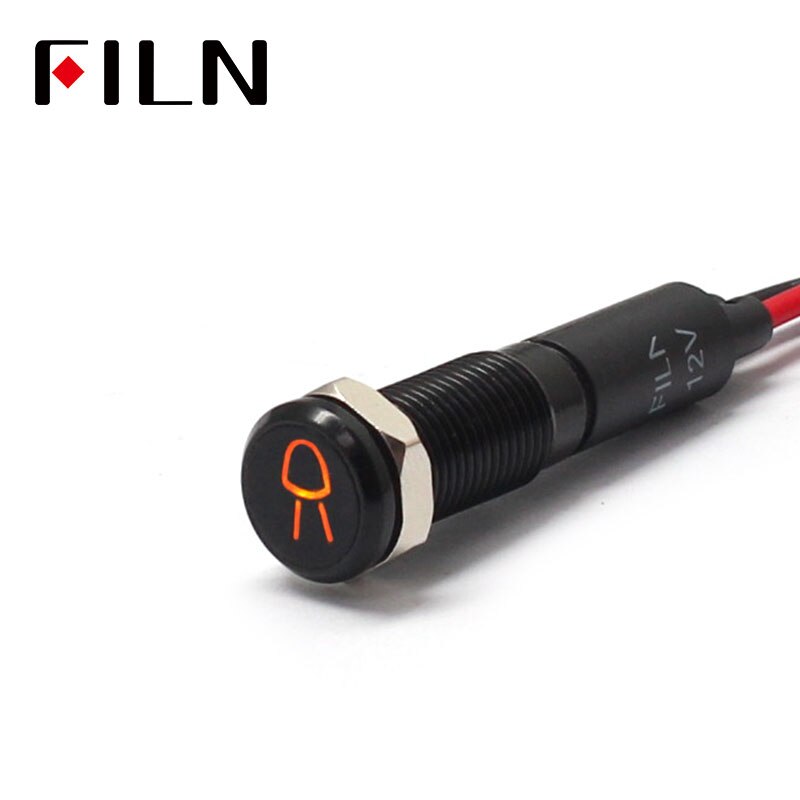 Filn 8mm bil instrumentbräda små lampor symbol led röd gul vit blå grön 12v led indikatorlampa med 20cm kablar: Gult svart skal
