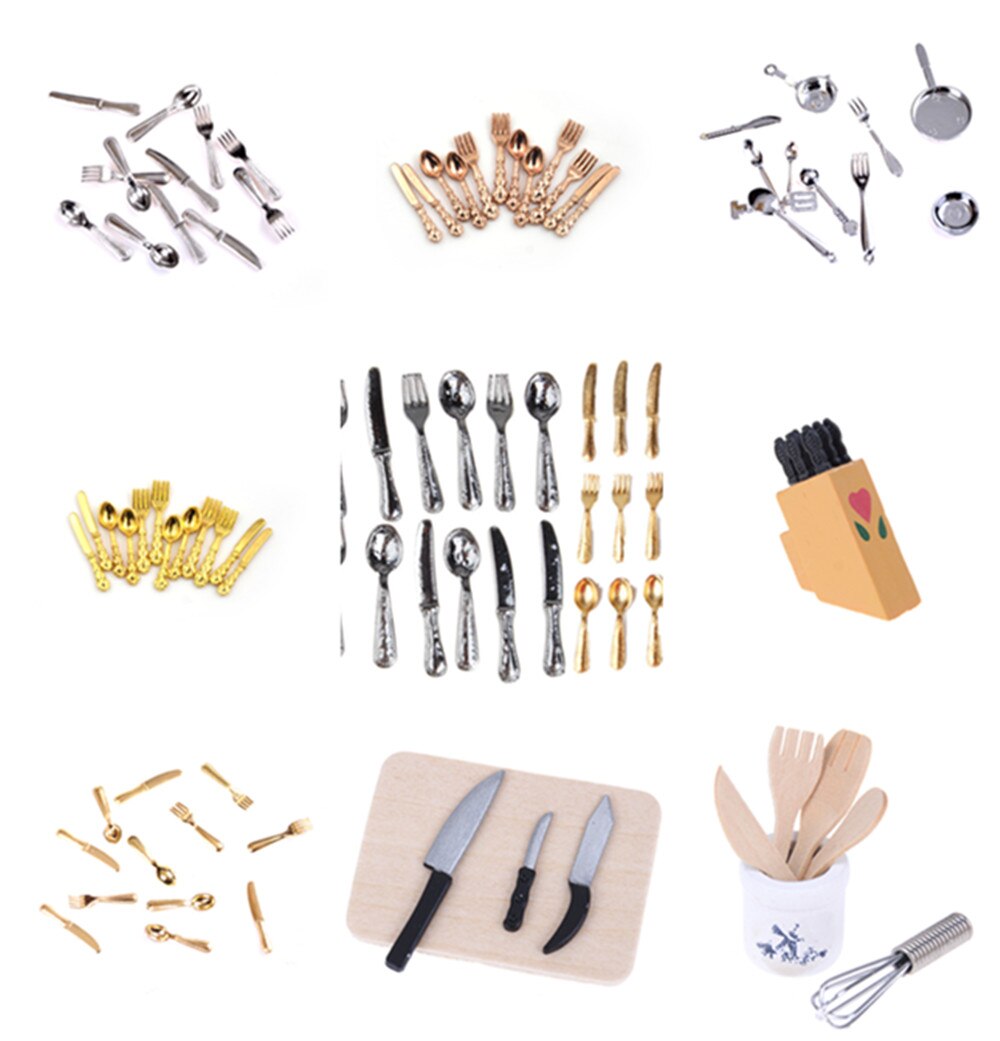 12 pz 1:12 Mini casa delle bambole miniature stoviglie posate coltello forchetta cucchiaio torta coltello tagliere cucina cibo mobili giocattoli