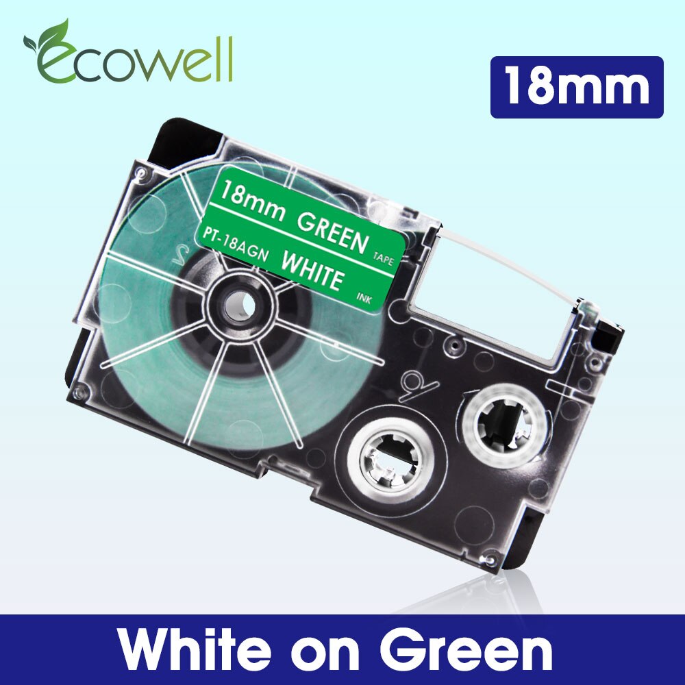 Ecowell 18Colors Compatible Casio XR-18WE XR-18X XR-18RD XR-18BU XR-18YW XR-18GN label tape for Casio KL-750 120 EZ Label Maker: White on Green