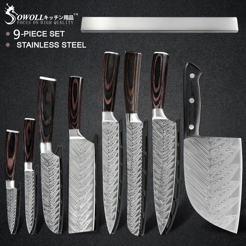 Sowoll 9PCS Kitchen Knives Set Stainless Steel Chef Slicing Bread Cleaver Santoku Utility Paring Knife Wall Knife Storage Tools