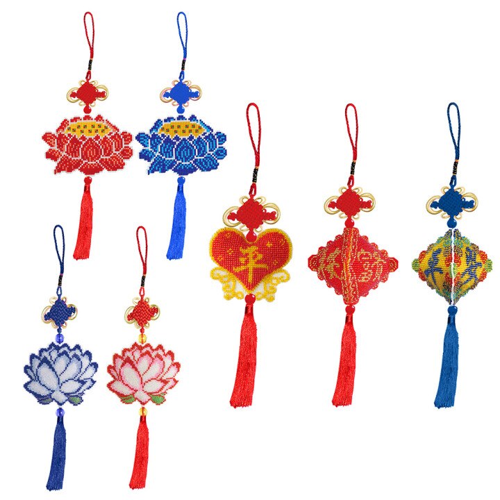 Stamped DIY Lotus Flower Love Heart Chinese Knot Craft Beaded Cross Stitch Car Hanging Printed Embroidery Tassel Kit Pendant