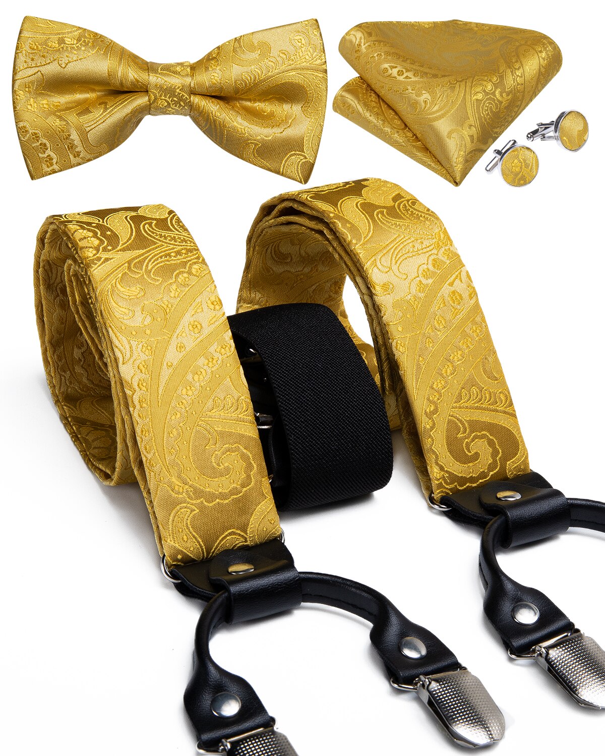 Luxury Yellow Men's Suspenders Silk Elastic 6 Clips Braces Wedding Party Accessories Men Y-back Suspenders Bow Tie Set DiBanGu