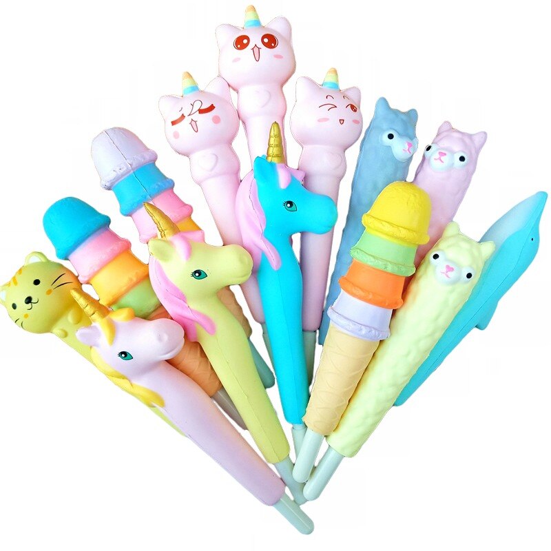 Novelty Soft Squishy Ballpoint Pen Cap Topper Ice cream Unicorn Cat Ballpen Learning Office Stationery Supplier