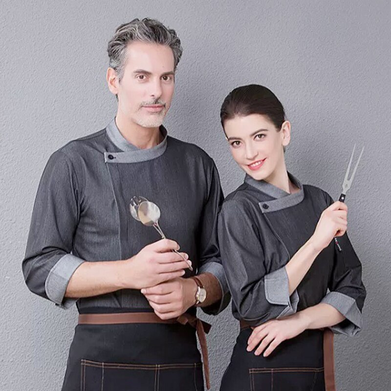 WELIVENICE Chef Uniformen Mannen Vrouwen Restaurant Hotel BBQ Eten Diensten Koken Kleding Wit Grijs Blauw