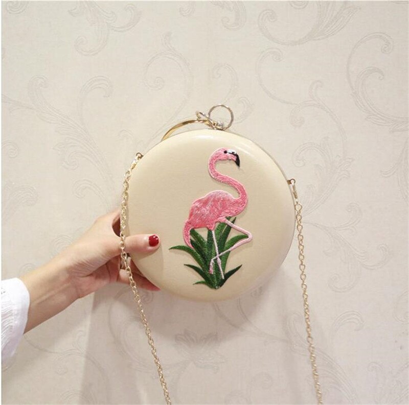 Stijl Flamingo Borduurwerk Avond Clutch Bags Ronde Vormige Avondtassen Met Ketting Bruiloft Tas