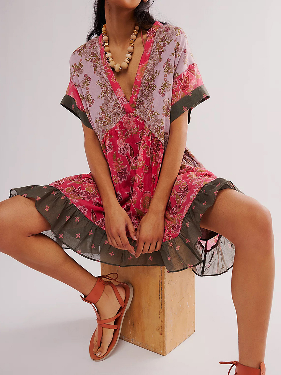 Kvinners sommer babydoll-kjole bohemsk blomstertrykk kortermet v-hals flagrende kjole med lommer fritids-retro