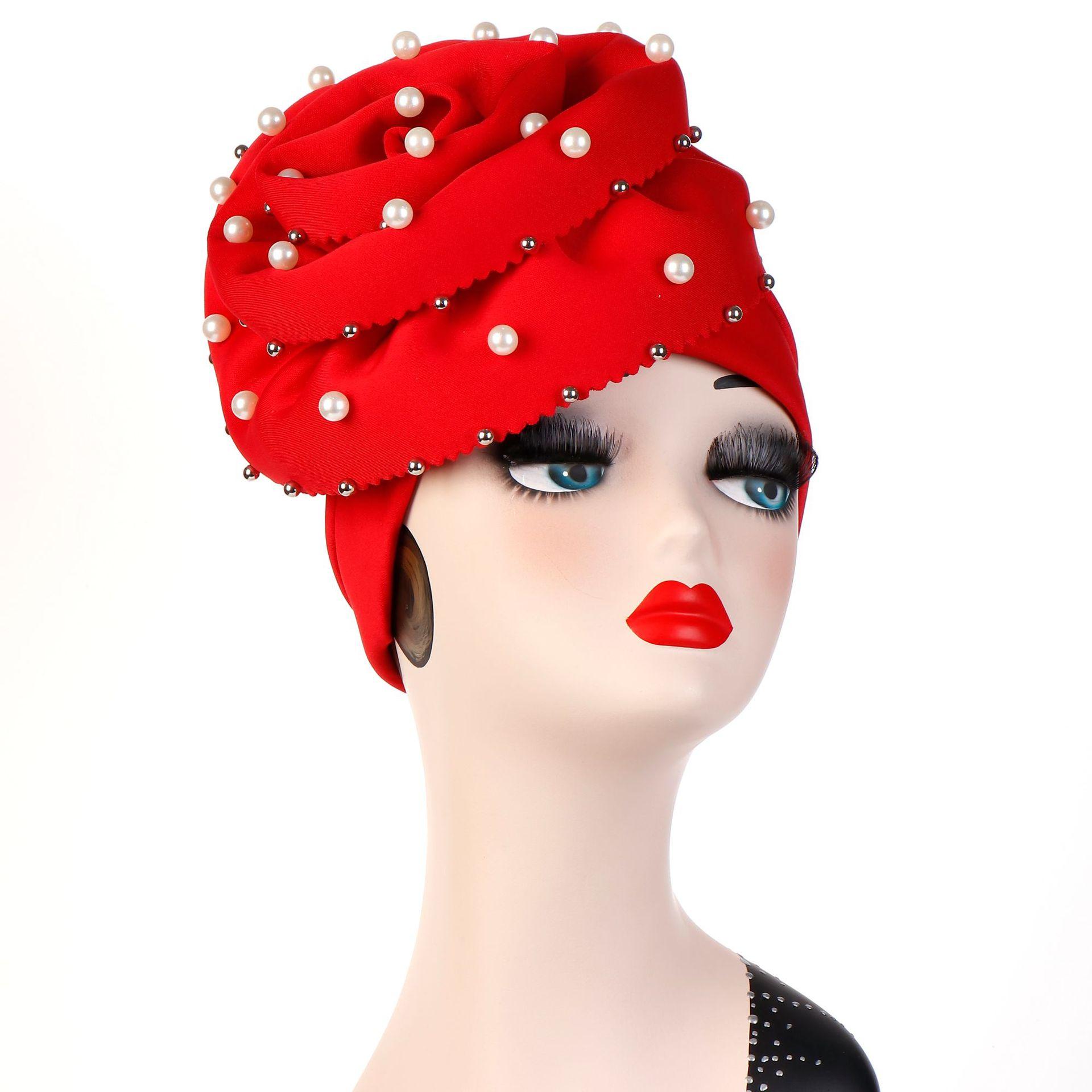Bonnet indien fleur pour femmes musulmanes | Bonnet perte de cheveux, couvre-tête perlé Turban Cancer, mancherons, chapeaux islamiques pour femmes,: 03 Red