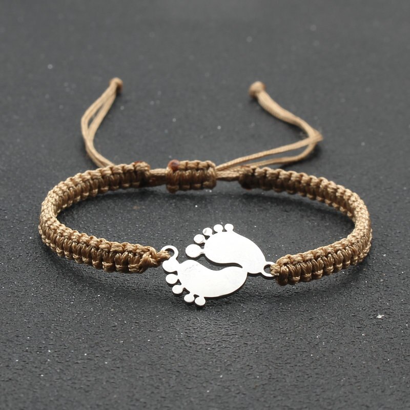 Bransoletka amulet ze stali nierdzewnej para urocza mała stopa szczęście czerwona nić plecione bransoletki i Bangles dla kobiet mężczyzn biżuteria mankiet: Khaki