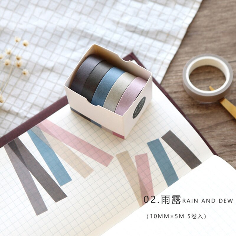 5pcs /set Adhesive Masking Scrapbooking Sticker Washi Tape Solid Rainbow colors: Rain and dew