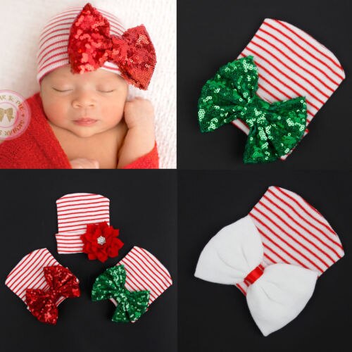 Chrismas Newborn Toddler Kids Baby Boys Girls Xmas Sequins Bowknot Floral Striped Hat Winter Warm Crochet Knit Beanie Cap