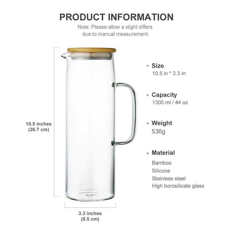 Glaskanna tekanna kallvatten vattenkokare hög borosilikatglas juicebehållare frukt citron rostfritt stål lock 1300ml