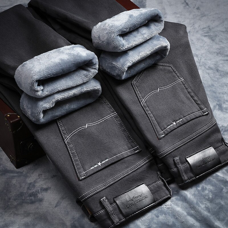 Vinter mænd varme grå jeans elasticitet tykkere skinny plus fløjl denim bukser tøj til mænd