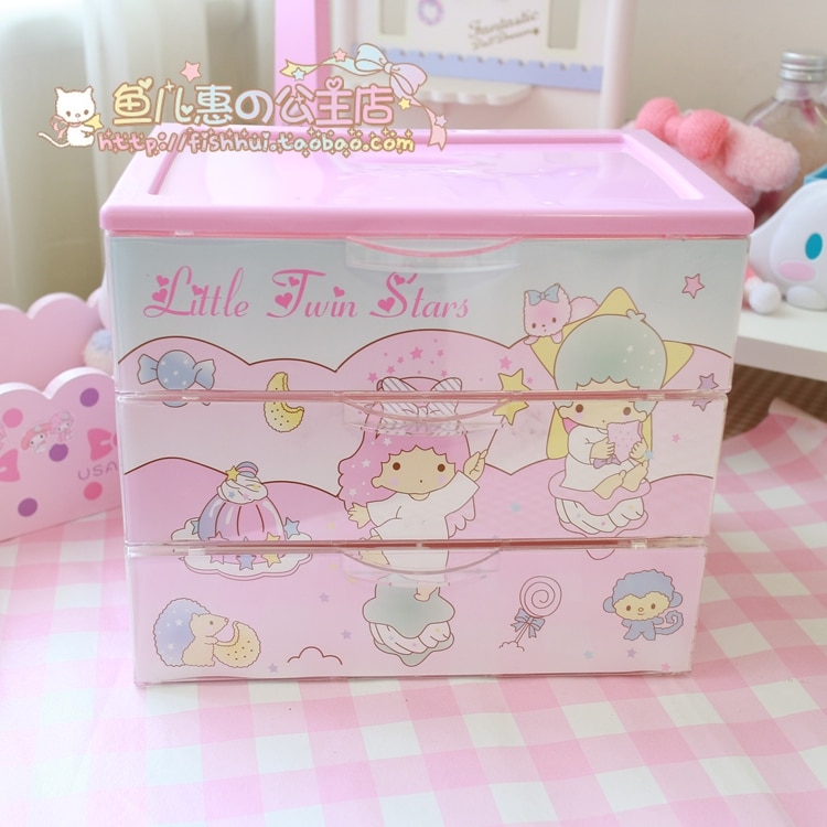 Dessin animé mignon petites étoiles jumelles ma mélodie trois couches tiroir boîte de rangement bacs créatifs filles bureau rose en plastique cosmétique